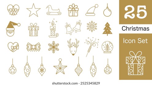 Set of 25 Christmas icons. Vector illustrations. Christmas things, snowman, sock, gift, candy, Santa, ball, bell, holly, tree, deer, star.