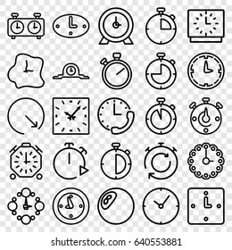 set of 25 chronometer outline icons such as clock, wall clock