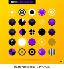 Set of 25 circle design elements on bright yellow background in modern corporate style. EPS10