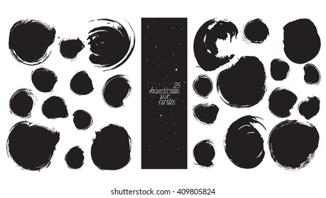 Set of 25 circles, made with hand and liquid ink, freehand, with lots of splashes and blob brush smears. Vector black and white isolated illustration for creative designs, drawn with imperfections.