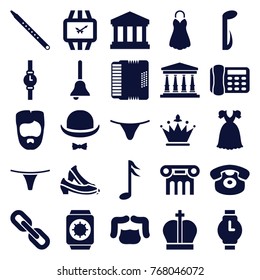Set of 25 classic filled icons such as man hairstyle, female underwear, desk phone, music note, musical pipe, harmonic, hat and moustache, court building, bell, crown, chain