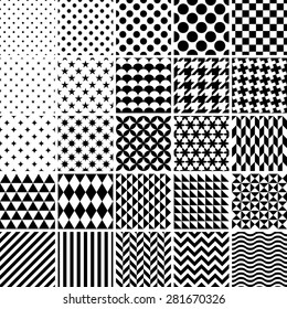 Set of 25 classic geometric patterns. Vector black and white textures