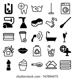 Set of 25 clean filled and outline icons such as trash bin, brush, plunger, vacuum cleaner, mop, shower, sponge, clean wine glass, globe and plane, love, washing machine