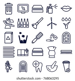 Set of 25 clean outline icons such as trash bin, mill, bottle, window, towels, hair brush, shaving brush, sponge, washing machine, clean window, liquid soap, maid
