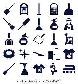 Set of 25 cleaner filled icons such as spray bottle, plunger, cleaning tools, mop, dustpan, sponge, dust brush, dirty laundry, maid, clean, vacuum cleaner