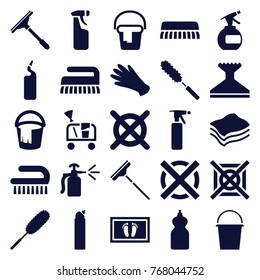 Set of 25 cleaning filled icons such as spray bottle, gloves, window squeegee, bucket, cleanser, dust brush, clean brush, no dry cleaning, sponge, cleaning tools