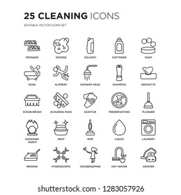 Set of 25 Cleaning linear icons such as Sponges, Sponge, Solvent, Softener, Soap, Serviette, Plunger, Laundry, Hygroscopic, vector illustration of trendy icon pack. Line icons with thin line stroke.