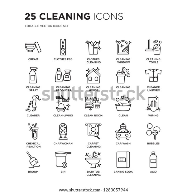 Set of 25\
Cleaning linear icons such as Cream, Clothes peg, Cleaning, Window,\
tools, Cleaner Uniform, vector illustration of trendy icon pack.\
Line icons with thin line\
stroke.