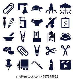 Set of 25 clip filled icons such as bowl, bean, turtle, baby stroller, children panties, barber scissors, hair barrette, cloth pin, vice clamp, blowtorch, scissors