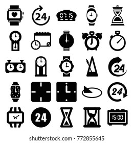 Set of 25 clock filled icons such as 24 hours, clock alarm, hourglass, metronome, wrist watch for woman, wrist watch, sundial, pendulum, stopwatch