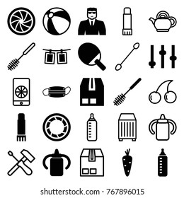 Set of 25 closeup filled and outline icons such as carrot, baby bottle, beach ball, security guy, toilet brush, adjust, ping pong racket, cargo container, medical mask