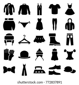 Set of 25 clothing filled icons such as baby cap, glove, man shoe, t-shirt, underpants, blouse, jumpsuit, skirt, winter hat, jacket, dress, baseball cap, hat