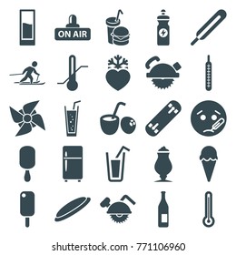 Set of 25 cold filled icons such as saw blade, sick emot, bottle, ice cream, ice cream on stick, energy drink, milkshake, soda, burger and drink, themometer, thermometer