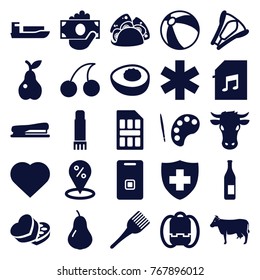 Set of 25 color filled icons such as pear, cow, beach ball, coloring brush, hearts, cherry, ship, sale location, backpack, palette, bottle, taco, money in hand, medical sign