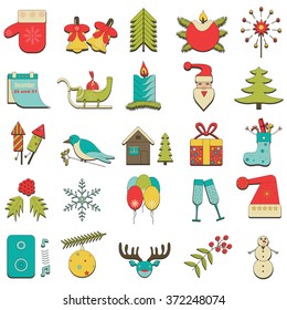 set of 25 colored Christmas icons on a white background