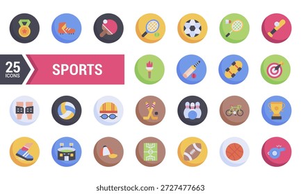 Um conjunto de 25 ícones planos coloridos representando vários equipamentos e atividades esportivas. Perfeito para sites, aplicativos móveis e apresentações.