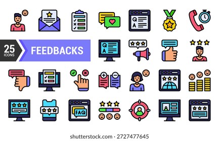 Un conjunto de 25 iconos lineales coloridos que representan varios conceptos de Comentarios, incluidas las revisiones de los Clientes, las Encuestas, las formas de Comentarios, las estrellas de calificación y más. Perfecto para Sitios web. App. presentaciones. y materiales de marketing.