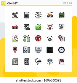 Set of 25 Commercial Filled line Flat Colors pack for blocks; mountain; sim card; cloud; wind Editable Vector Design Elements