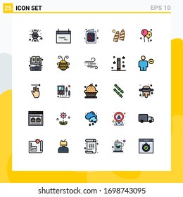 Conjunto de 25 paquetes de colores planos de línea con relleno comercial para la Semana Santa; deportes; día; agua; materiales de diseño de vectores editables de surf
