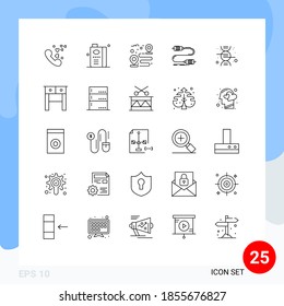 Set of 25 Commercial Lines pack for wire; interaction; fruit juice; communication; path Editable Vector Design Elements