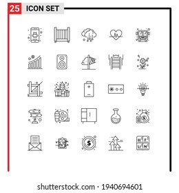 Set of 25 Commercial Lines pack for public transport; bus; cloud; pulse; heart Editable Vector Design Elements