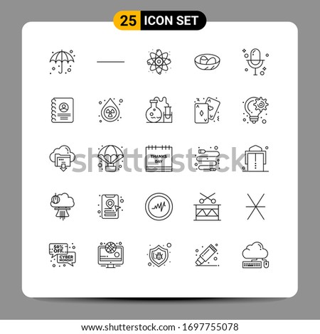 Set of 25 Commercial Lines pack for microphone; audio; power; nest; easter Editable Vector Design Elements