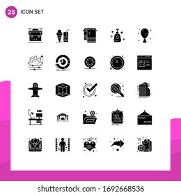 Conjunto de 25 paquetes comerciales de glifos sólidos para alimentos; limpio; jugo; pulverizar; borrado de elementos de diseño de vectores editables