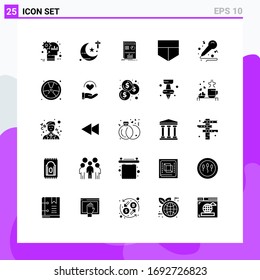 Set of 25 Commercial Solid Glyphs pack for hobbies; mic; theology; shield; success Editable Vector Design Elements