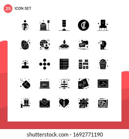 Set of 25 Commercial Solid Glyphs pack for chair; currency; dome; costa; light Editable Vector Design Elements
