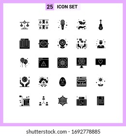 Set of 25 Commercial Solid Glyphs pack for sound; instrument; microphone; audio; investment Editable Vector Design Elements