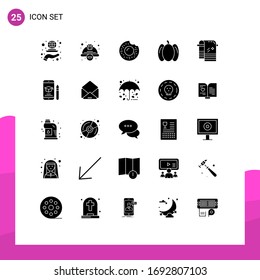 Set of 25 Commercial Solid Glyphs pack for dry; vegetables; safety; peppers; sweets Editable Vector Design Elements