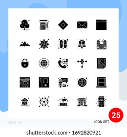 Set of 25 Commercial Solid Glyphs pack for mountain; app; sign; user; interface Editable Vector Design Elements