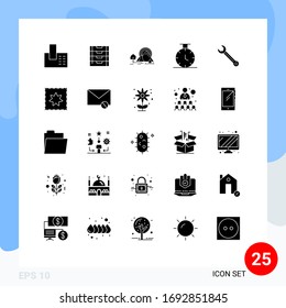 Set of 25 Commercial Solid Glyphs pack for building; wrench; mountain; time; rainbow Editable Vector Design Elements