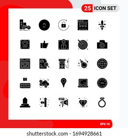Set of 25 Commercial Solid Glyphs pack for mardi gras; sword; currency; game; browser Editable Vector Design Elements