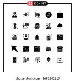 Set of 25 Commercial Solid Glyphs pack for loading; suitcase; coach; briefcase; rewind Editable Vector Design Elements