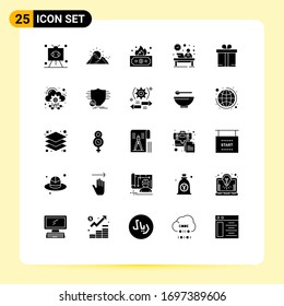 Set of 25 Commercial Solid Glyphs pack for hour; front; mountain; desk; income Editable Vector Design Elements