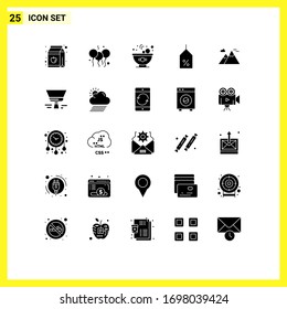Set of 25 Commercial Solid Glyphs pack for scenery; mountains; bowl; logistic; label Editable Vector Design Elements