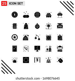 Set mit 25 kommerziellen Solid-Glyphen-Packungen für Feierlichkeiten; barbeque; Globus; Supermarkt; Eizellen Bearbeitbare Vektorillustration-Design-Elemente