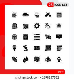 Set of 25 Commercial Solid Glyphs pack for seo; travel; tracking; sport; bicycle Editable Vector Design Elements