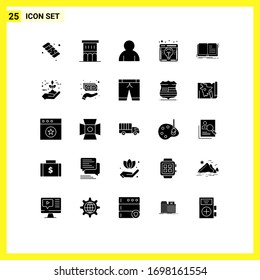 Set of 25 Commercial Solid Glyphs pack for book; light bulb; human; launch; business idea Editable Vector Design Elements
