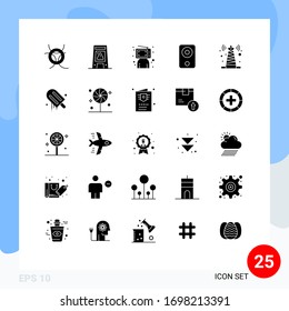 Conjunto de 25 glifos sólidos comerciales para altavoz; gadget; bloguero; dispositivos; elementos de diseño de vectores editables por persona