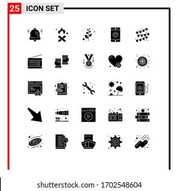 Set of 25 Commercial Solid Glyphs pack for audio broadcasting; party decoration; branch; buntings; love Editable Vector Design Elements