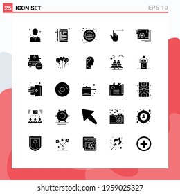 Set of 25 Commercial Solid Glyphs pack for right; finger; learning; sign; holding Editable Vector Design Elements