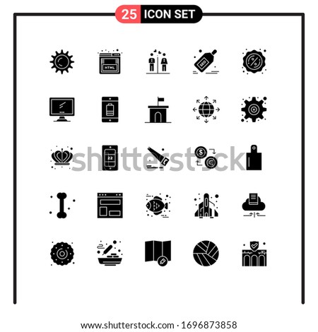 Set of 25 Commercial Solid Glyphs pack for percent; discount; women; tag; seo Editable Vector Design Elements