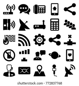 Set of 25 communication filled icons such as satellite, no phone, signal, planet, location pin, love letter, heart mobile, share, microphone, chat, brick wall fire, router