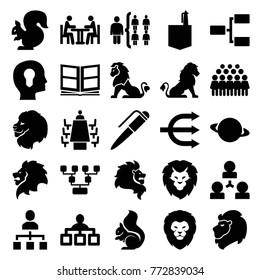 Set of 25 company filled icons such as lion, squirrel, structure, office room, group, family structure, planet, head with keyhole, meeting