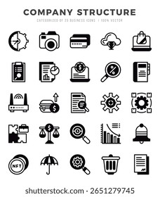 Conjunto de 25 iconos llenos lineales de estructura de la compañía.