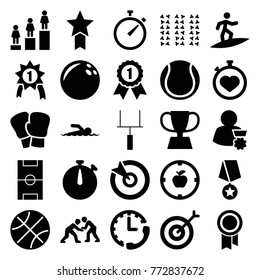 Set of 25 competition filled icons such as ranking, bowling ball, boxing gloves, basketball, stopwatch, target, apple target, trophy, football pitch, goal post, judo