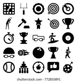 Set of 25 competition filled icons such as exercising, target, trophy, bowling, stopwatch, thumb up, apple target, award, board game, auction, baseball player, basketball