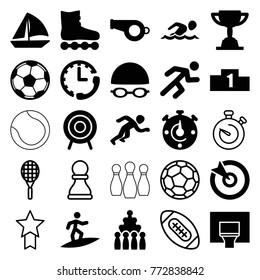 Set of 25 competition filled and outline icons such as sailboat, bowling, roller skate, whistle, target, running, basketball basket, swimming hat and glasses, fotball, ranking